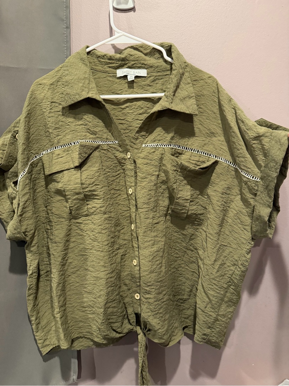 Sweet Rain Olive Green Casual Button-Front Top